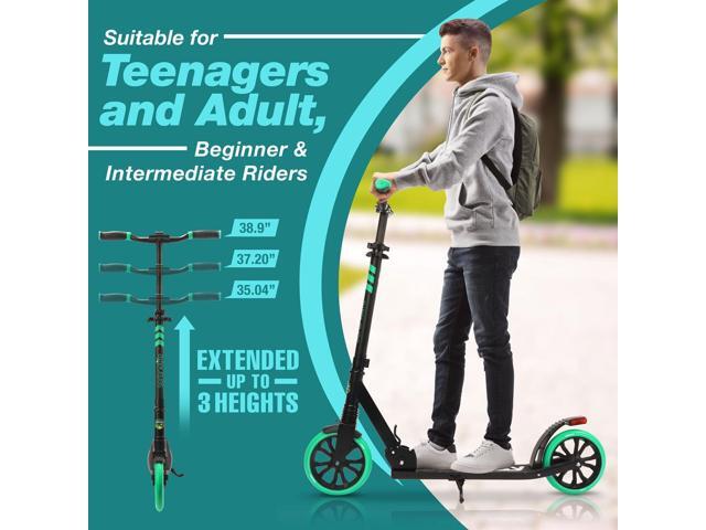 SereneLife Lightweight and Foldable Kick Scooter - Adjustable Alloy Deck with High Impact Wheels for Kids and Teens (Aqua on Black) - SLTS02