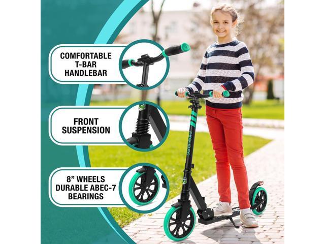 SereneLife Lightweight and Foldable Kick Scooter - Adjustable Alloy Deck with High Impact Wheels for Kids and Teens (Aqua on Black) - SLTS02
