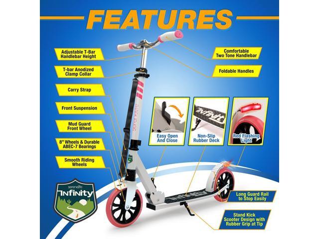 SereneLife Lightweight and Foldable Kick Scooter - Adjustable Alloy Deck with High Impact Wheels for Kids and Teens (White and Pink) - SLTS35