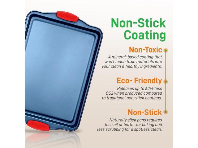 NutriChef 3-Piece Nonstick Cookie Sheet Baking Pan Set - Deluxe Blue Coating with Red Silicone Handles, Professional Quality Carbon Steel - NCSBSBL3
