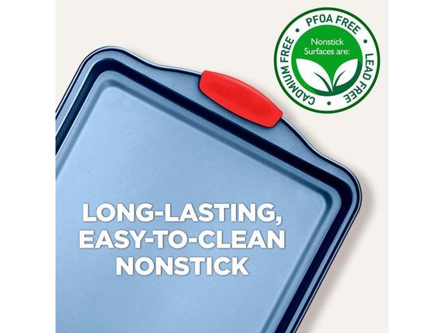 NutriChef 3-Piece Nonstick Cookie Sheet Baking Pan Set - Deluxe Blue Coating with Red Silicone Handles, Professional Quality Carbon Steel - NCSBSBL3