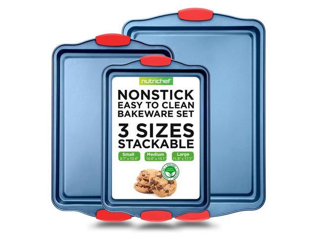 NutriChef 3-Piece Nonstick Cookie Sheet Baking Pan Set - Deluxe Blue Coating with Red Silicone Handles, Professional Quality Carbon Steel - NCSBSBL3