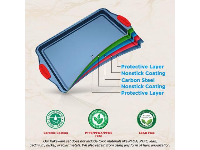 NutriChef 3-Piece Nonstick Cookie Sheet Baking Pan Set - Deluxe Blue Coating with Red Silicone Handles, Professional Quality Carbon Steel - NCSBSBL3