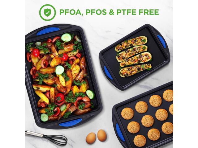 NutriChef 3pc Nonstick Carbon Steel Cookie Pan Set - Blue Silicone Handles (NCBK3S)