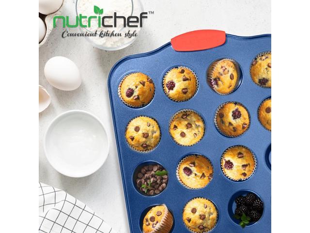 NutriChef 24-Cup Nonstick Muffin Pan Blue Coating, Red Silicone Handles - BKNCSBSBL10MUFP