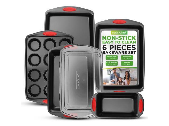 NutriChef 6pc Nonstick Carbon Steel Bakeware Set Black Coating, Red Silicone Handles - NCRRL6BLK