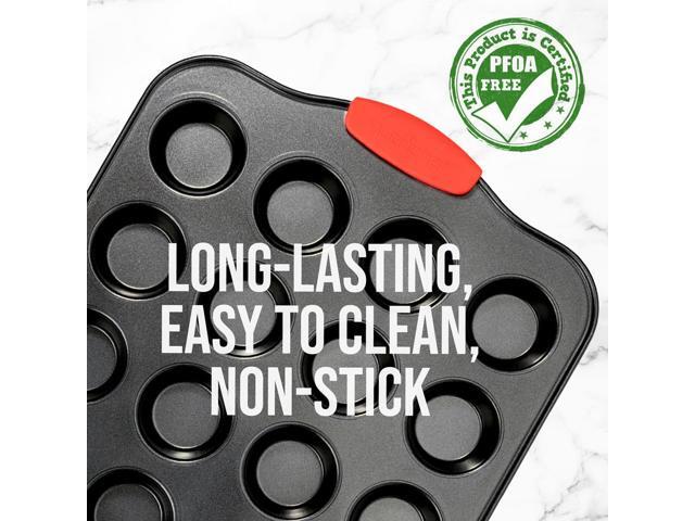 NutriChef 24-Cup Muffin Pan Nonstick Gray Coating, Red Silicone Handles - BKNCSBS10SMUFP