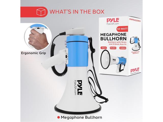Pyle 50W Portable Megaphone Bullhorn Aux/MP3 Input, Siren, Music, Whistle, 60-Second Recording - PMPRA515WHI (White)