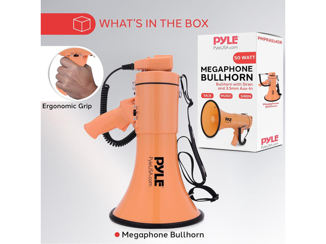 Pyle PMPRA514OR Portable Speaker Bullhorn Megaphone with Siren, 50-Watt, Aux Input, Orange