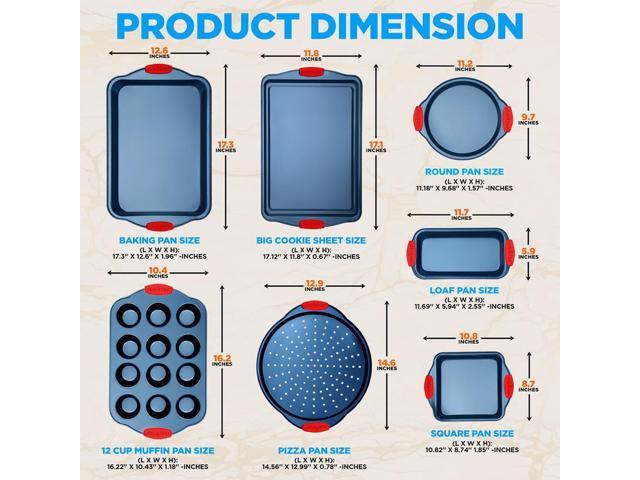 NutriChef 8-Piece Nonstick Carbon Steel Bakeware Set with Red Silicone Handles, Professional Kitchen Oven Pans (Baking, Pizza, Loaf, Muffin, Cookie)