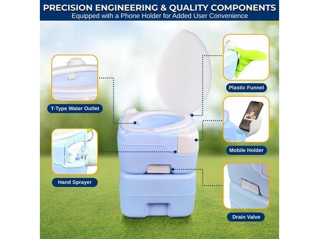 SereneLife 20L Portable Toilet with Extra Large Seat, Hand Sprayer, Funnel & Phone Holder Indoor/Outdoor Use (Moonwhite)