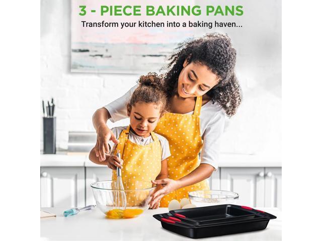 NutriChef 3-Piece Nonstick Carbon Steel Bakeware Set with Red Silicone Handles Small, Medium, Large Cookie Pans