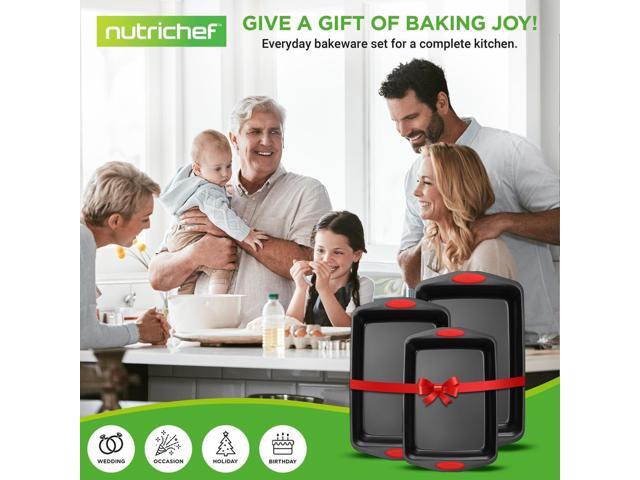 NutriChef 3-Piece Nonstick Carbon Steel Bakeware Set with Red Silicone Handles Small, Medium, Large Cookie Pans