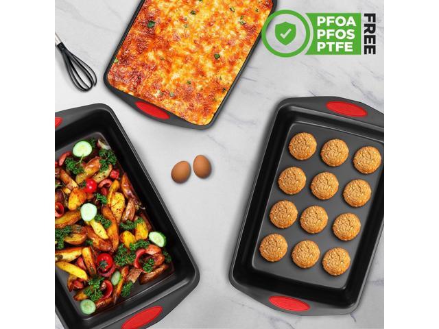 NutriChef 3-Piece Nonstick Carbon Steel Bakeware Set with Red Silicone Handles Small, Medium, Large Cookie Pans