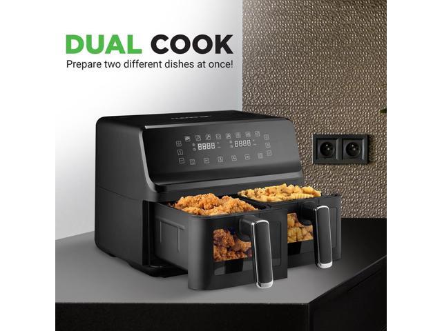 NutriChef 4.4QT Dual Basket Air Fryer - Customized Digital Display, Electric Oil-Free Cooker with Transparent Window (Black)