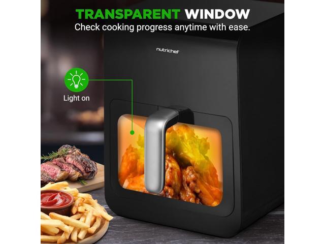 NutriChef 6L Digital Air Fryer with Silver Handle - Customized Digital Display, Electric Oil-Free Cooker with Transparent Window (Black)