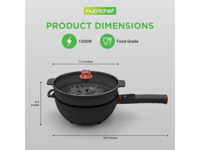 NutriChef Multifunctional Electric Frying Pan - 4L Large Capacity + 4L Steamer, Non-Stick, 1000W, Designed with Control Panel, 3 Pin US Plug (Black)