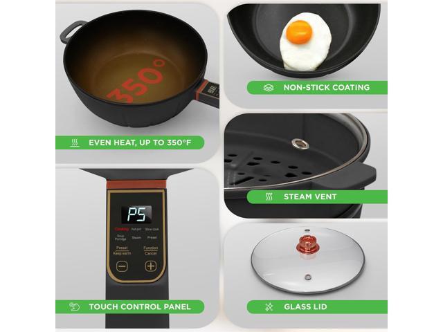 NutriChef Multifunctional Electric Frying Pan - 4L Large Capacity + 4L Steamer, Non-Stick, 1000W, Designed with Control Panel, 3 Pin US Plug (Black)