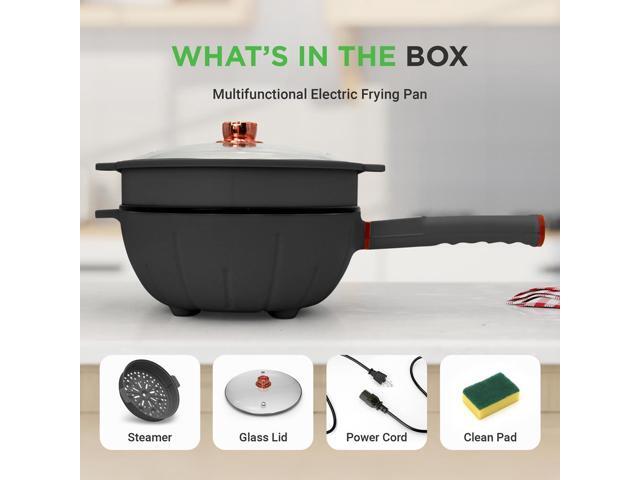 NutriChef Multifunctional Electric Frying Pan - 4L Large Capacity + 4L Steamer, Non-Stick, 1000W, Designed with Control Panel, 3 Pin US Plug (Black)