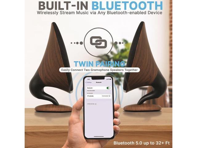 Pyle Wireless BT Streaming Gramophone Speaker with Built-in Subwoofer, Oak Finish