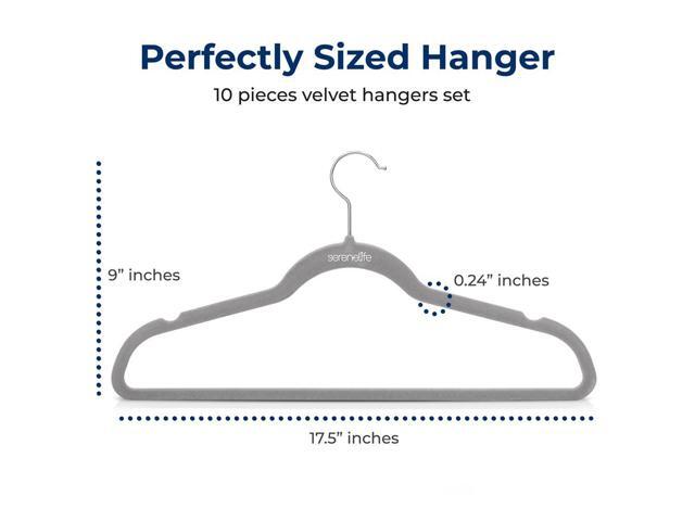 SereneLife 10 Pcs Velvet Non-Slip Hangers Heavy Duty Coat Hanger Set with 360° Swivel Hook for Clothes (Grey)