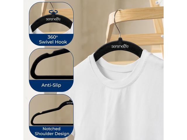 SereneLife 50 Pcs Velvet Non-Slip Hangers Heavy Duty Coat Hanger Set with 360° Swivel Hook (Black)