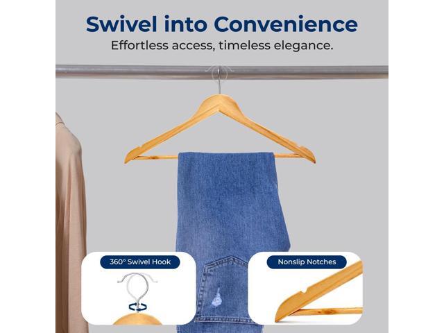 SereneLife Wooden Hangers, Heavy Duty Suit Hanger Set, Chrome 360° Swivel Hook, Notches for Camisoles & Jackets, 60 Pack, Natural