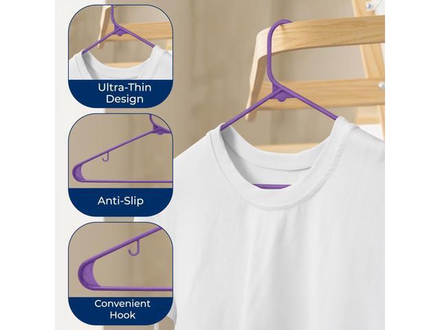 SereneLife Plastic Hangers, Non-Slip Heavy Duty Coat Hanger Set, 360° Swivel Hook, Space-Saving, 50 Pack, Purple