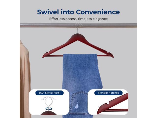 SereneLife Wooden Hangers, Non-Slip Heavy Duty Suit Hanger Set, Chrome 360° Swivel Hook, Notches Design, 80 Pack, Cherry
