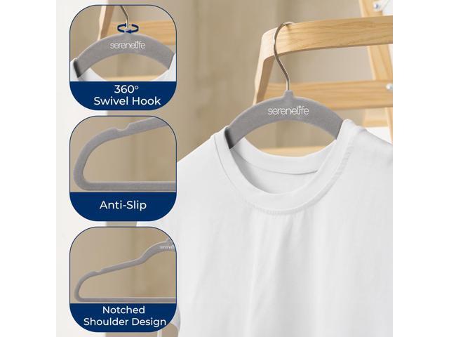 SereneLife Velvet Hangers, Non-Slip Heavy Duty Coat Hanger Set, 360° Swivel Hook, Space-Saving, 200 Pack, Gray