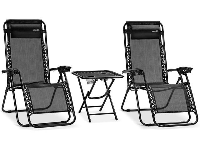 SereneLife Outdoor Adjustable Zero Gravity Lounge Chair Set with Side Table - Black - 2-Pack, Padded Headrest, Cup Holders