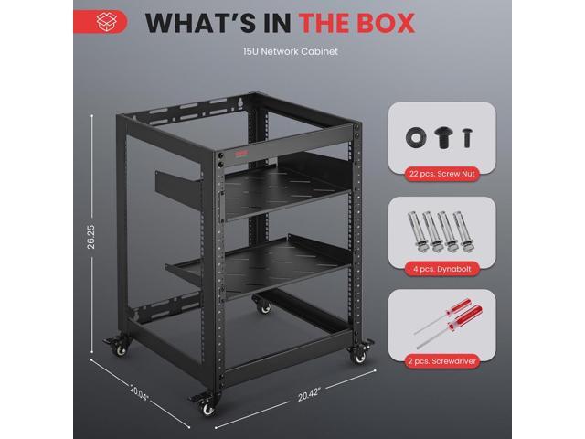 Pyle 15U Network Cabinet - Open Frame Rack, Wall Mountable Heavy Duty Design for Servers & AV Gear - Black