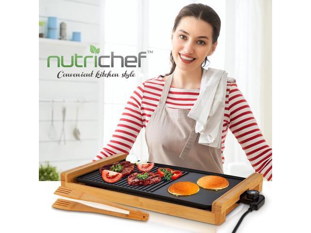 NutriChef 2-in-1 Smokeless Detachable Electric Bamboo Grill with Non-Stick Surface & Adjustable Temperature - NCEGB50