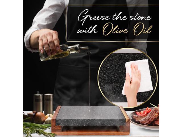 NutriChef Natural Granite Stone Sizzling Steak Plate with Wooden Platter & Stainless Steel Knives - PKLVST41