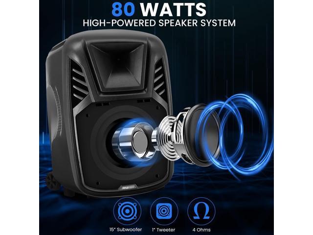 Pyle 15' Portable Wireless BT PA Speaker System with USB/SD Card Reader, FM Radio, Mic Inputs, LED Light, Wheels & Remote Control - PPHP1515AB