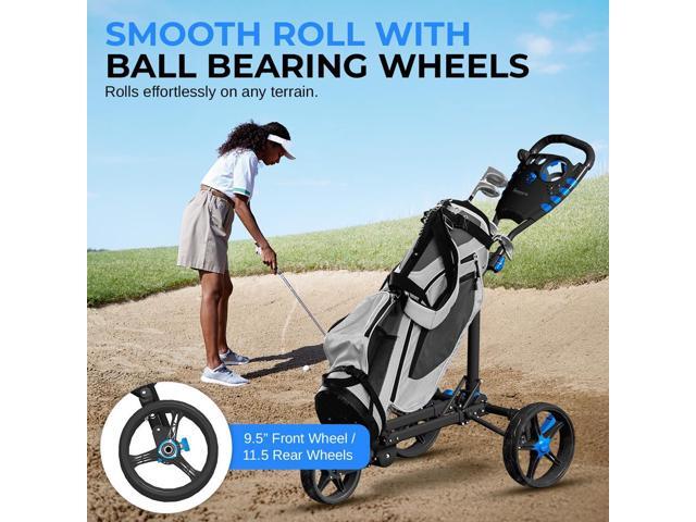 SereneLife Golf Flat Fold 3-Wheel Push Cart with Deluxe Scorecard Holder, Umbrella Storage & Elastic Strap - SLGCFLW
