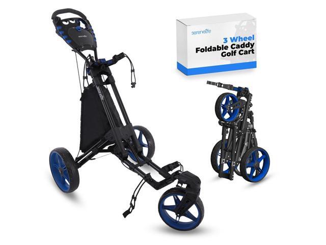 SereneLife Foldable 3-Wheel Golf Push Cart with Scorecard Holder, Cup Holder & Adjustable Handle - SLGZ48