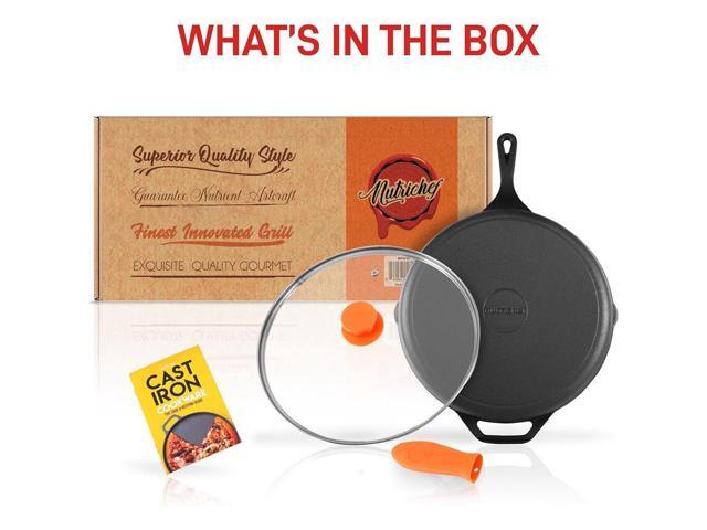 NutriChef 12' Pre-Seasoned Cast Iron Fry Pan with Glass Lid & Silicone Handle - NCCI12
