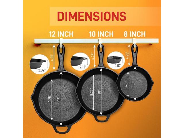 NutriChef Cast Iron Skillet Pan Set - Pre-Seasoned with Silicone Handles - NCCIPS3P49 - 8', 10', 12'