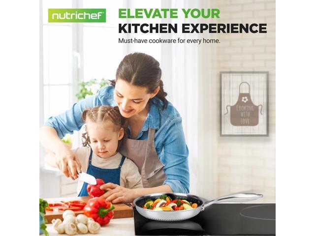 NutriChef 8' Stir Fry Pan with Glass Lid - Triply Stainless Steel Construction & Non-Stick Coating - NC3PL8