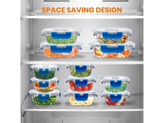 NutriChef 24-Piece Superior Glass Food Storage Containers Set, Stackable Design with Hinged BPA-Free Locking Lids (Blue)