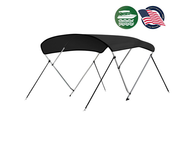 SereneLife 4-Bow Bimini Top Boat Cover with 1' Aluminum Frame, Waterproof UV-Resistant Marine Canvas & Mounting Hardware (Gray, 96' x 67-72' x 54')