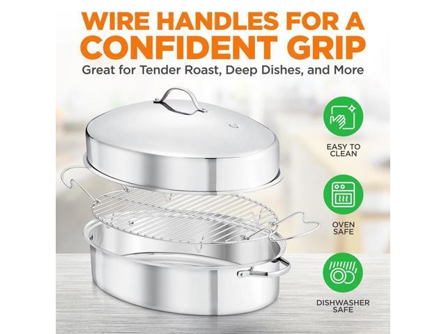 NutriChef 18' Oval Roasting Pan with Polished Rack, Stainless Steel Lid, Dishwasher & Oven Safe - NCOAVL99
