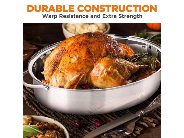 NutriChef 18' Oval Roasting Pan with Polished Rack, Stainless Steel Lid, Dishwasher & Oven Safe - NCOAVL99