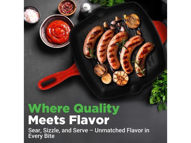 NutriChef Cast Iron Square Skillet Grill Pan with Porcelain Enamel Coating, Non-Stick, Square Grilling Pan - NCCIES47