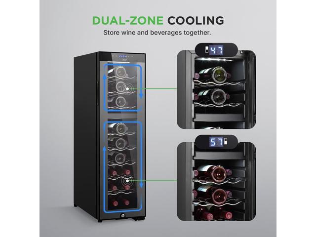 NutriChef Wine Chilling Refrigerator Cellar, 24-Bottle Capacity Dual-Zone Wine Cooler, Digital Touch Control, Glass Door - PKCWCDS245