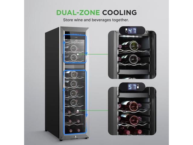 NutriChef Wine Chilling Refrigerator Cellar, 27-Bottle Capacity, Dual-Zone Wine Cooler, Digital Touch Control, Stainless Steel Frame - PKCWCDS278
