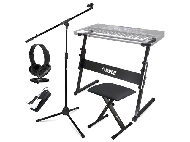 Pyle Z Shape Keyboard Stand with Headset, Keyboard Stool, Microphone Stand, and Sustain Pedal - PKST22SB