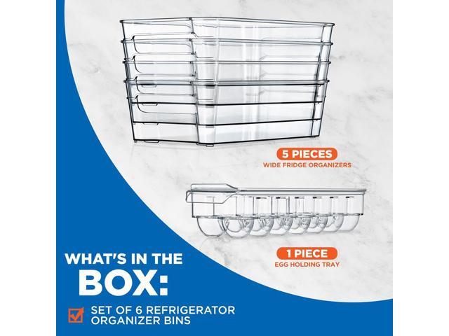 NutriChef Refrigerator Organizer Bins Set, 5 Wide Fridge Organizers and 1 Egg Holding Tray for Freezer, Kitchen, Countertops, and Cabinets - NCFO66