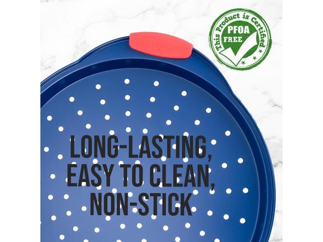 NutriChef Non-Stick Pizza Pan, Deluxe Blue Coating with Red Silicone Handles, Carbon Steel, 14.56'' x 12.99'' x 0.78'' - BKNCSBSBL8PIZZAP